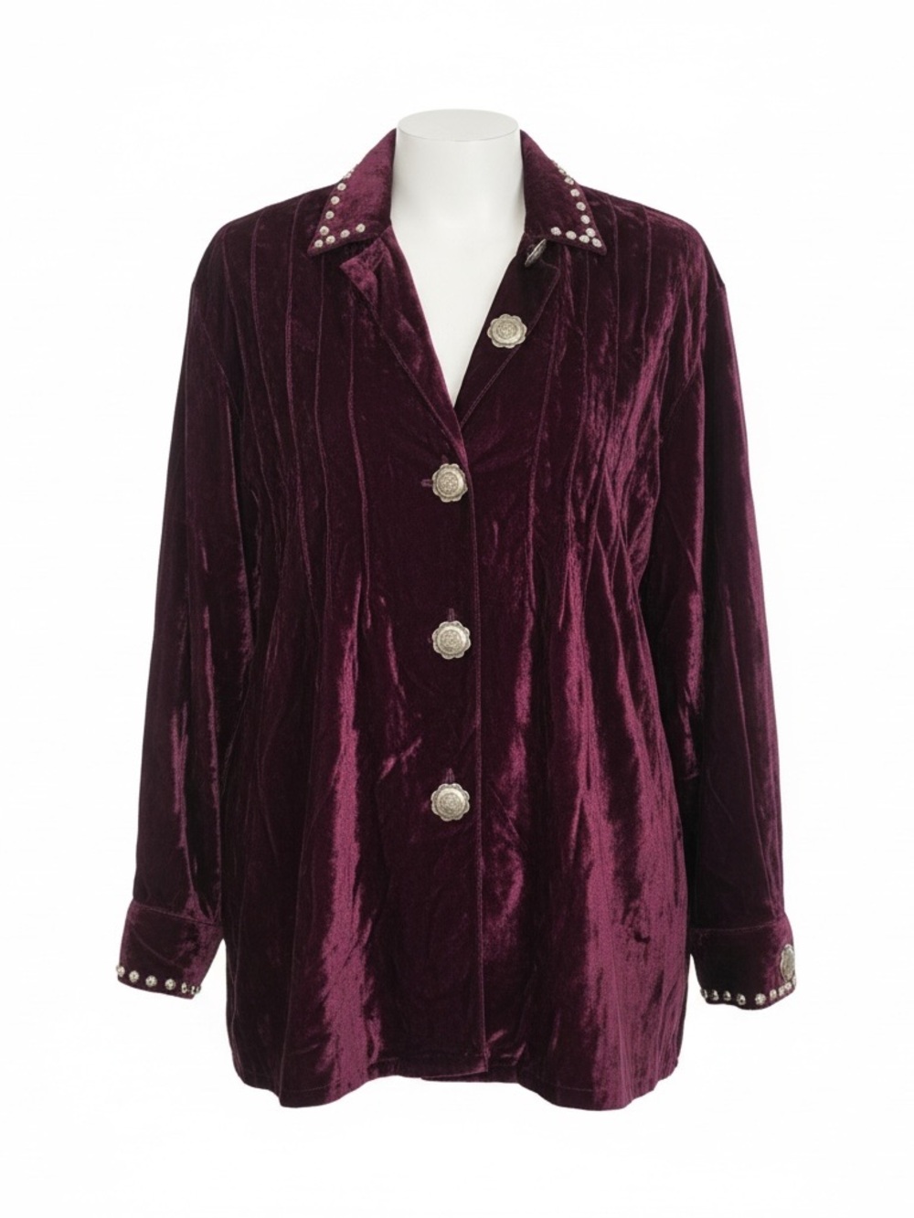 Double D Ranch Crushed Velvet Plum Concho Button up Shirt Loose fit XS Deep Plum